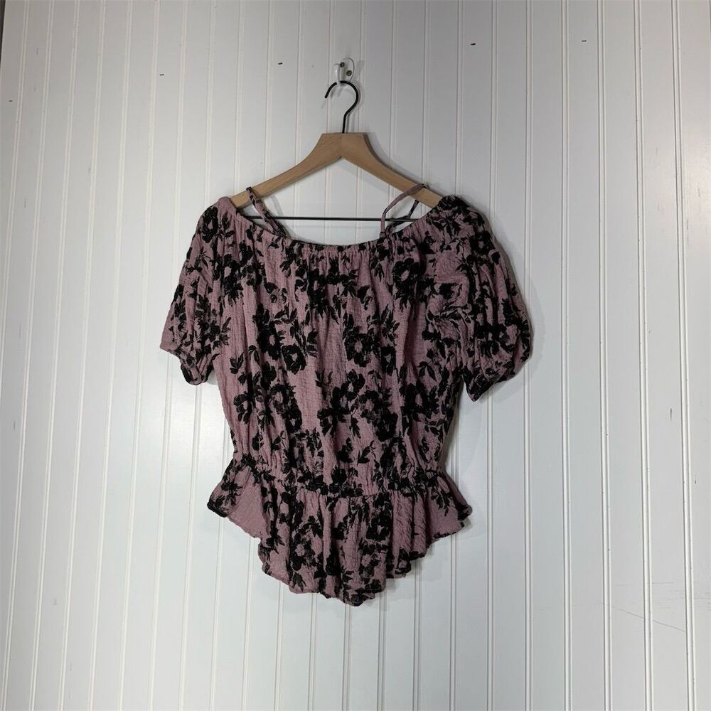 Free People S Purple Flocked Floral Crinkle Off Shoulder Peplum Top Boho Cottage